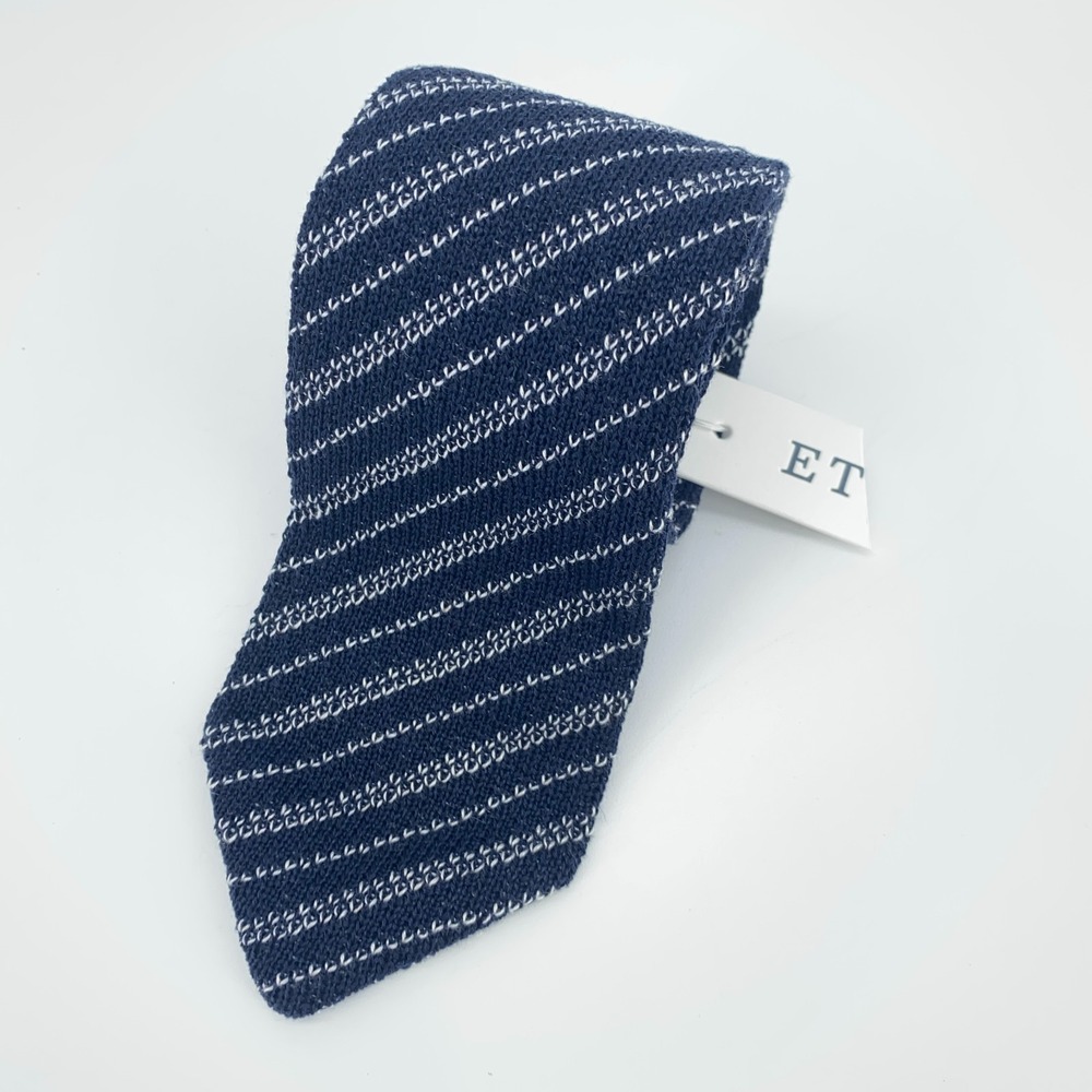 Eton Tie Mens One Size Blue White Striped Cotton Knit Classic Necktie Italy Made
